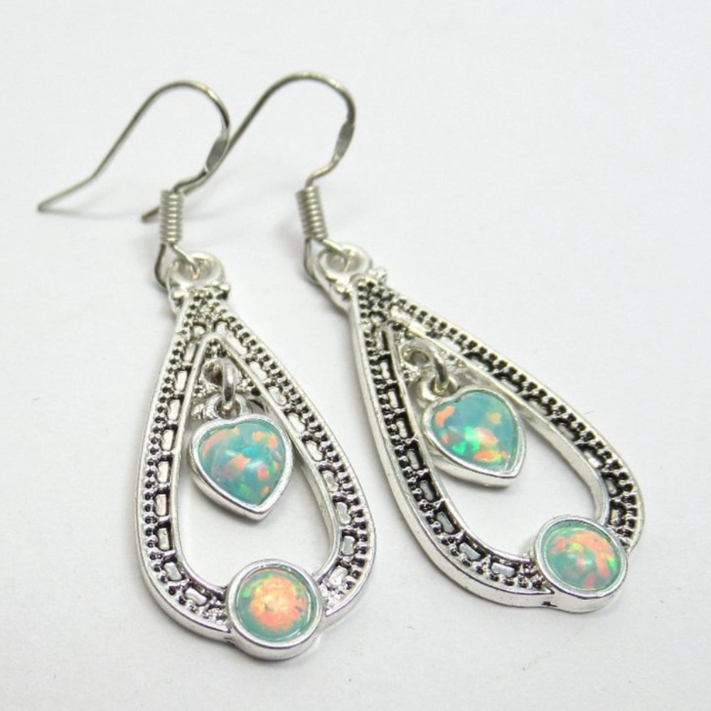 Opal 925 Sterling Silver Dangle Earrings Lab Fire Opals Teardrop and Heart Shape